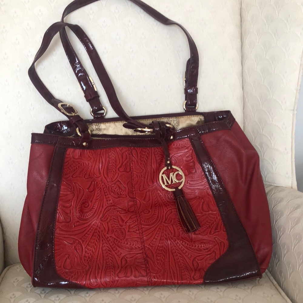 Red Embossed Tote Bag with Tassel Charm